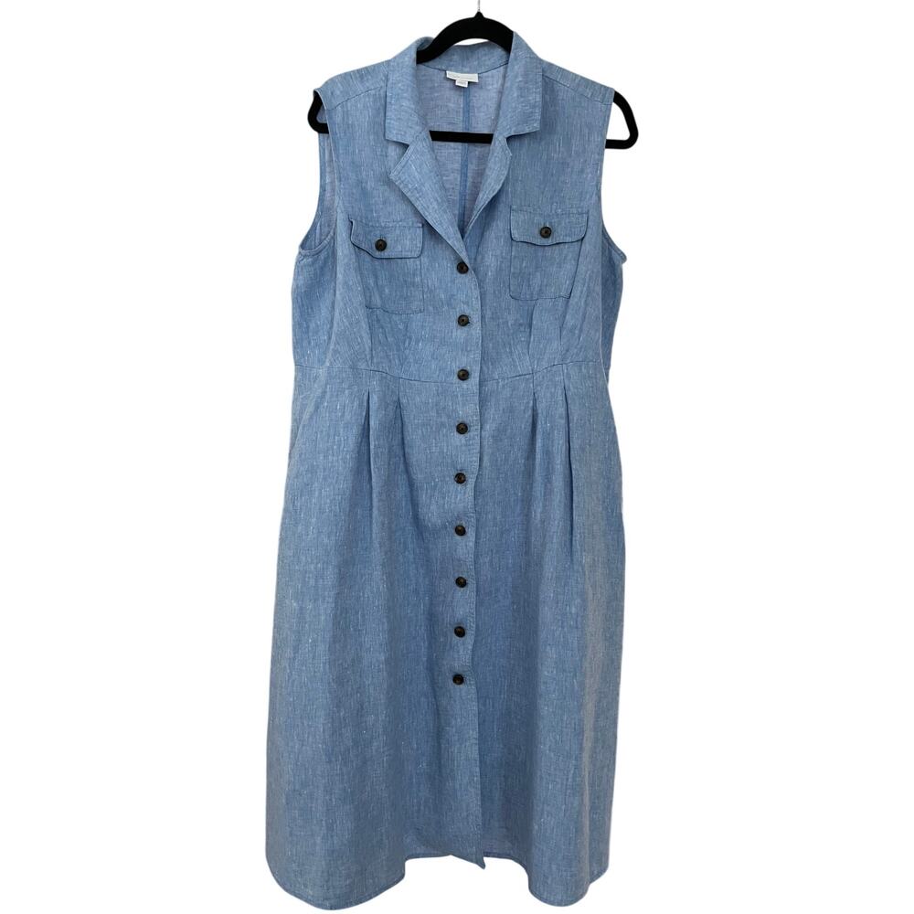 J Jill Love Linen Blue 100% Linen Button Front Midi Shirt Dress XL Pockets EUC